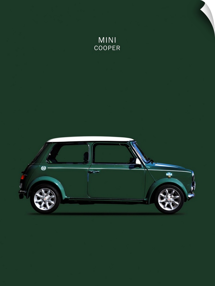 Photograph of a dark green Mini Cooper 1999 with a white hood printed on a green background