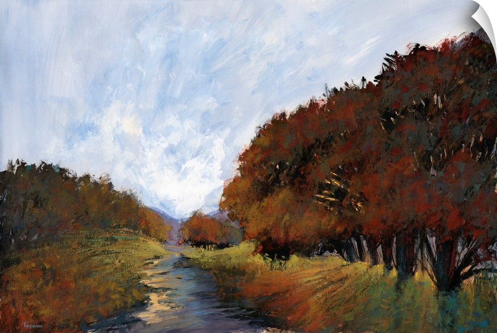 Contemporary painting of a semi-abstract landscape created in Autumn colors.
