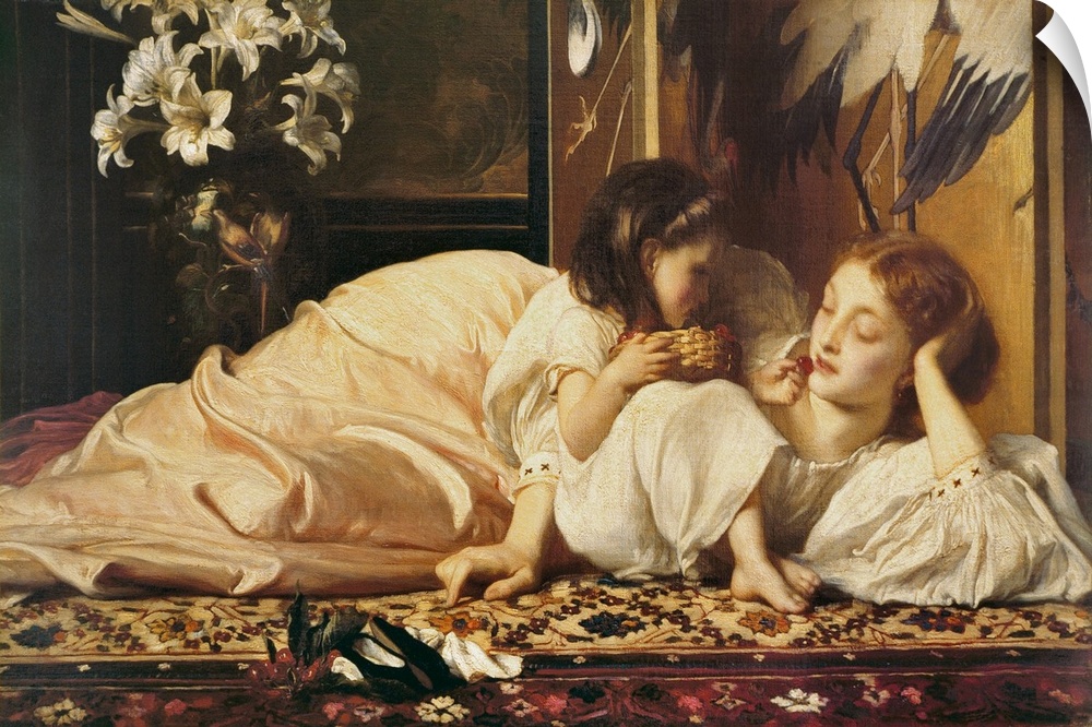 Classic painting of mother with child relaxing on a rug.