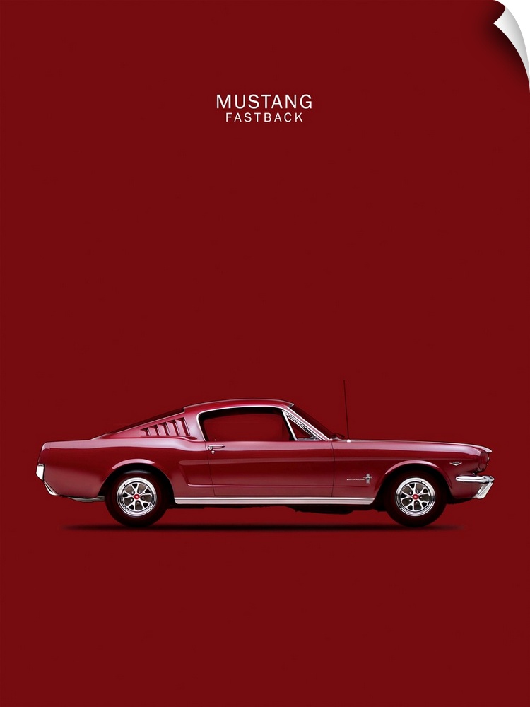 Photograph of a maroon Mustang Fastback 65 printed on a maroon background