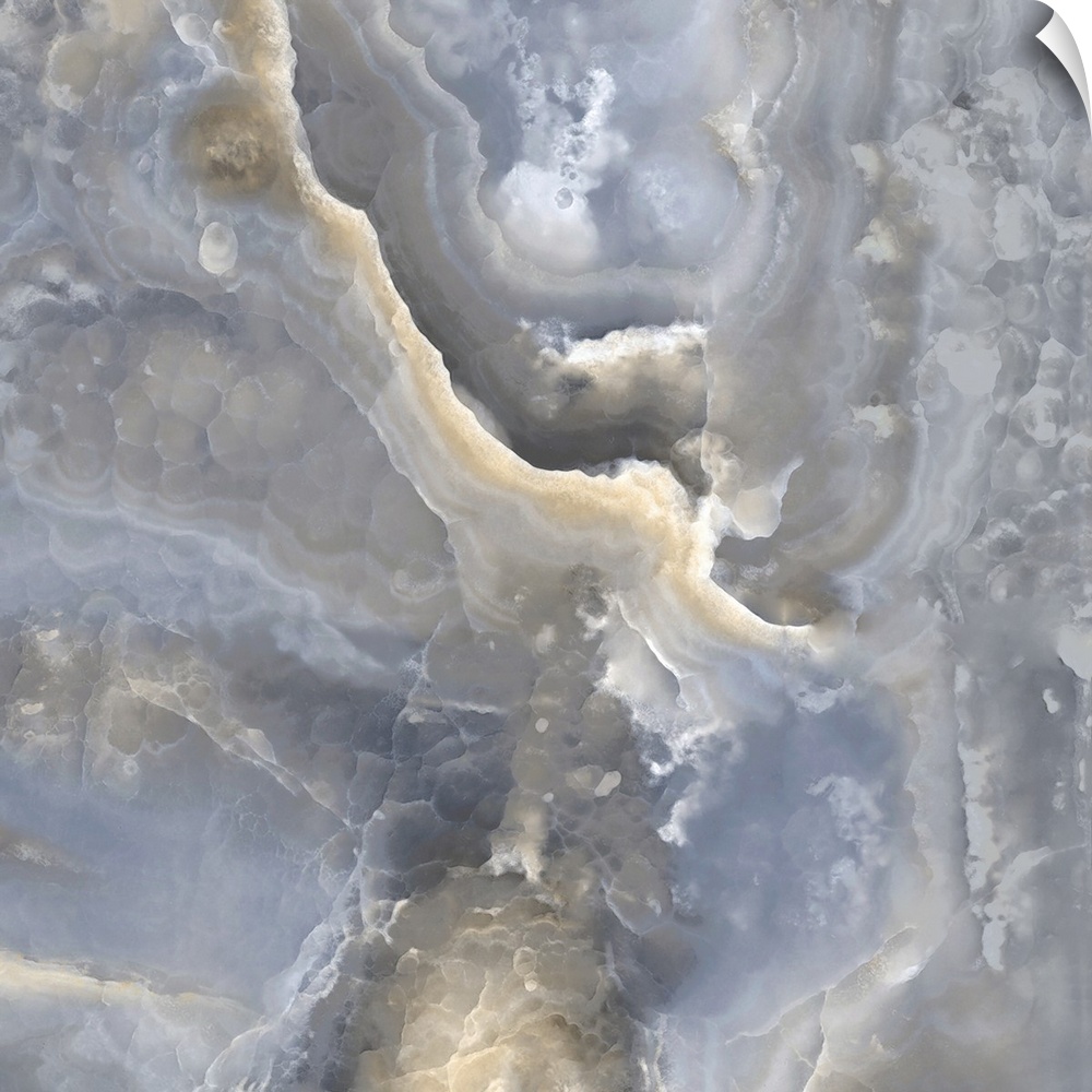 Contemporary artwork featuring a deluge of bluish grays and soft beige colors that have been edited to a marble effect.