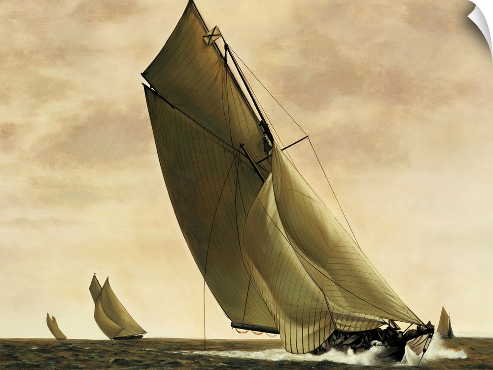 Contemporary painting of sailboats in the middle of the ocean with the wind blowing to the left.