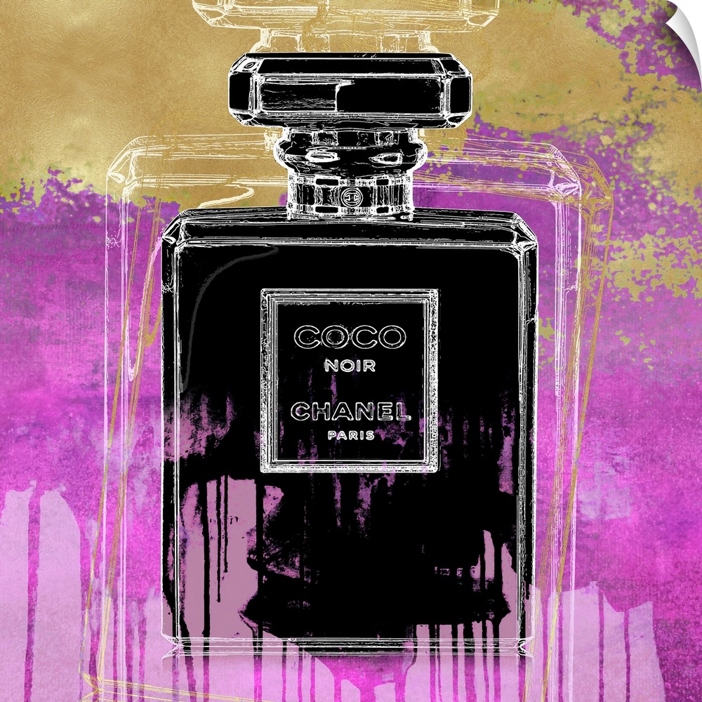 A black bottle of perfume sits over a distressed paint dripping background.