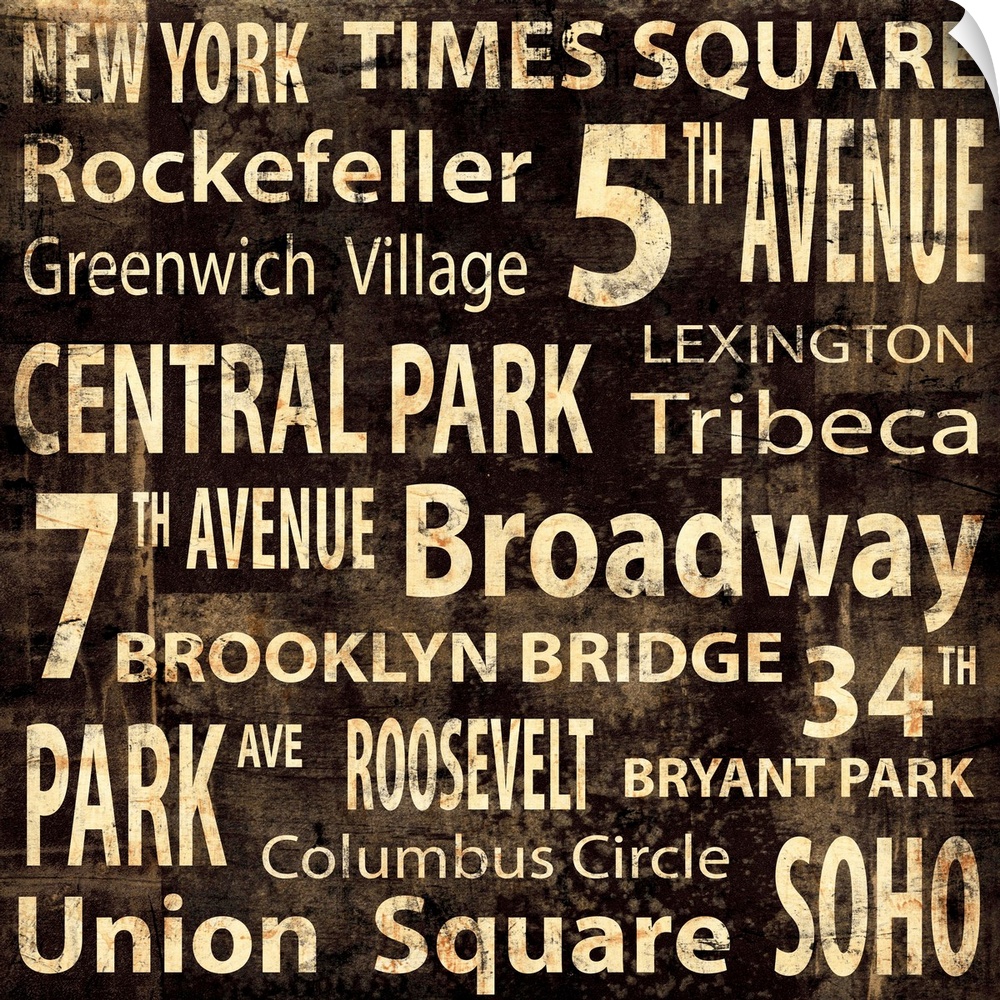 New York City typography in gold and brown.