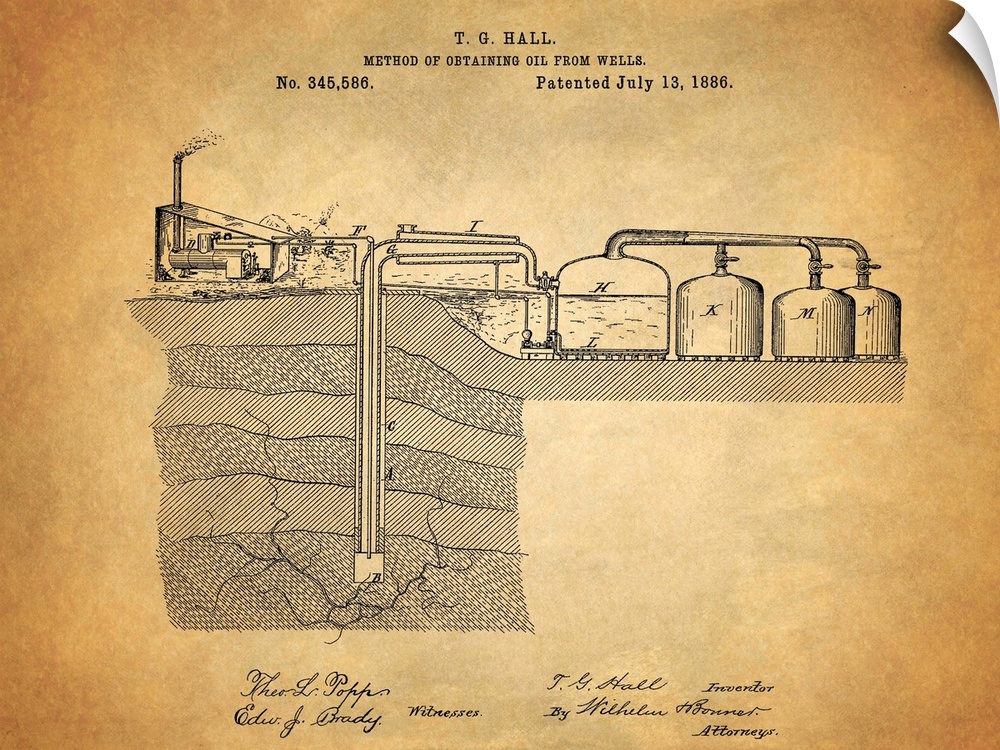 Antique blueprint of oil wells, patented July 13, 1886.