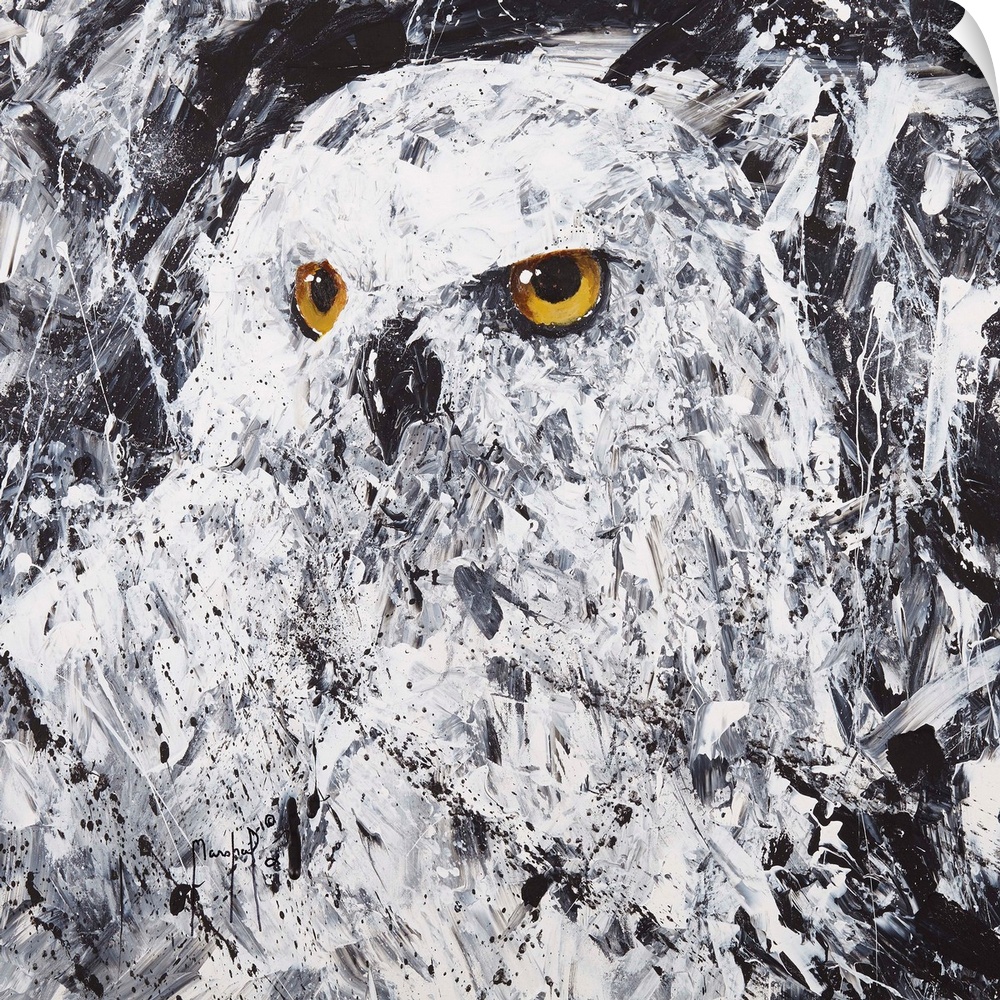 Square painting of an owl in black and white with gold eyes and abstract style brushstrokes.