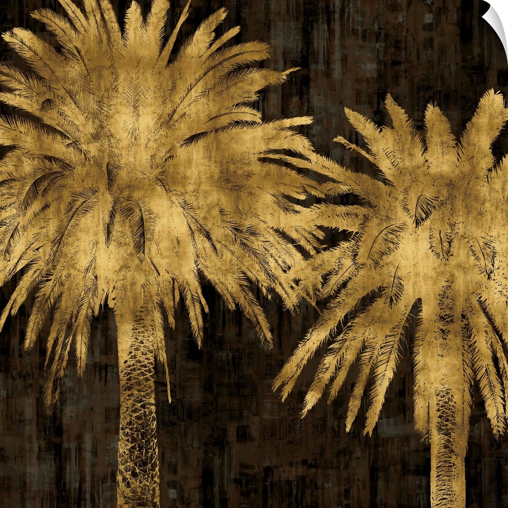 Two gold palm trees on a black and brown textured background.