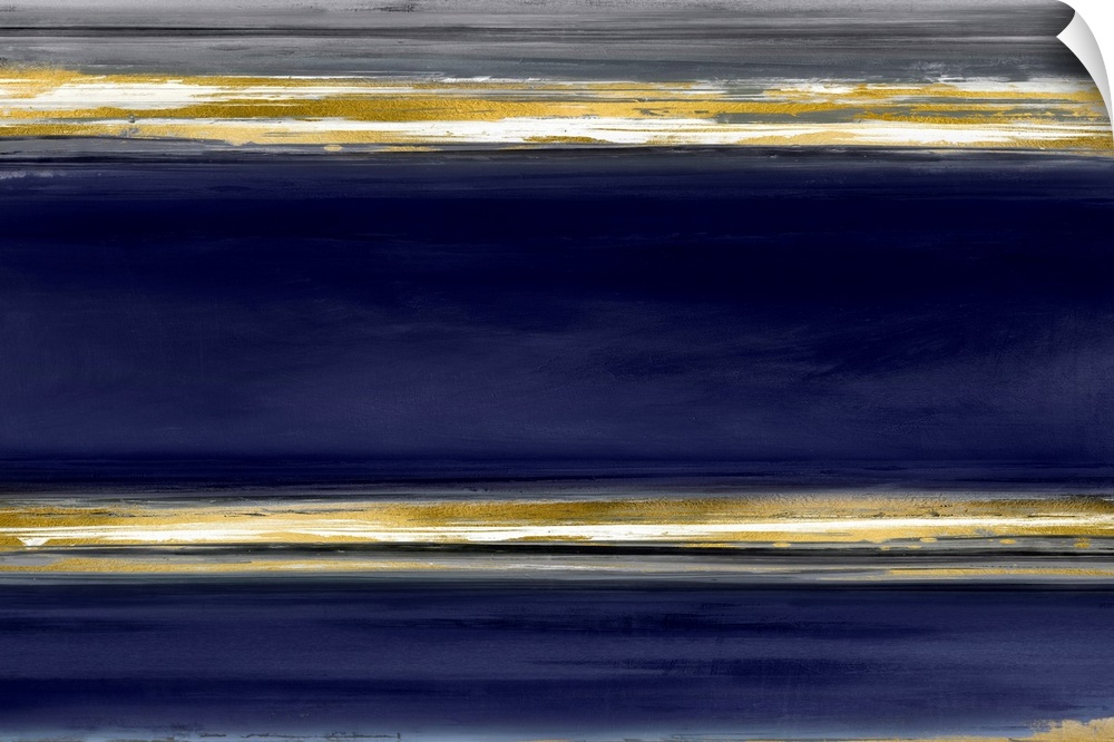 Contemporary artwork featuring three gold brush strokes on a blue gradated background.