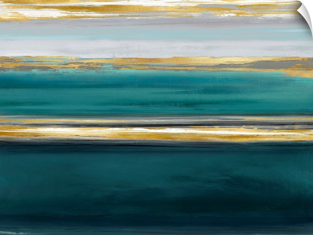 Contemporary artwork featuring three gold brush strokes on a teal gradated background.