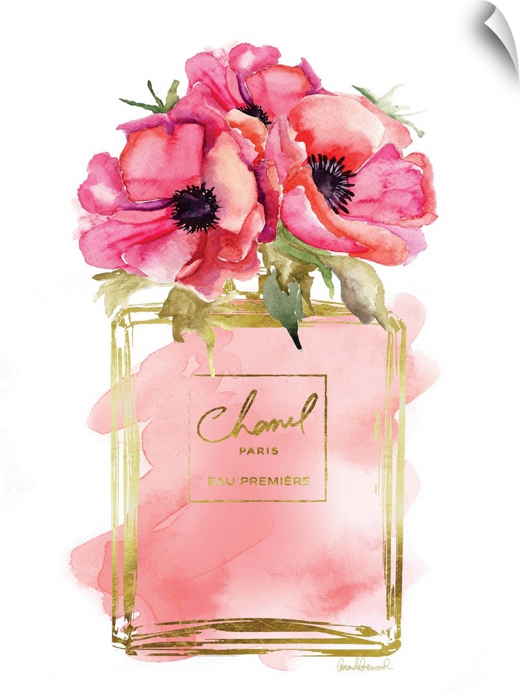 A bottle of perfume filled with watercolor droplets and flowers as the topper.