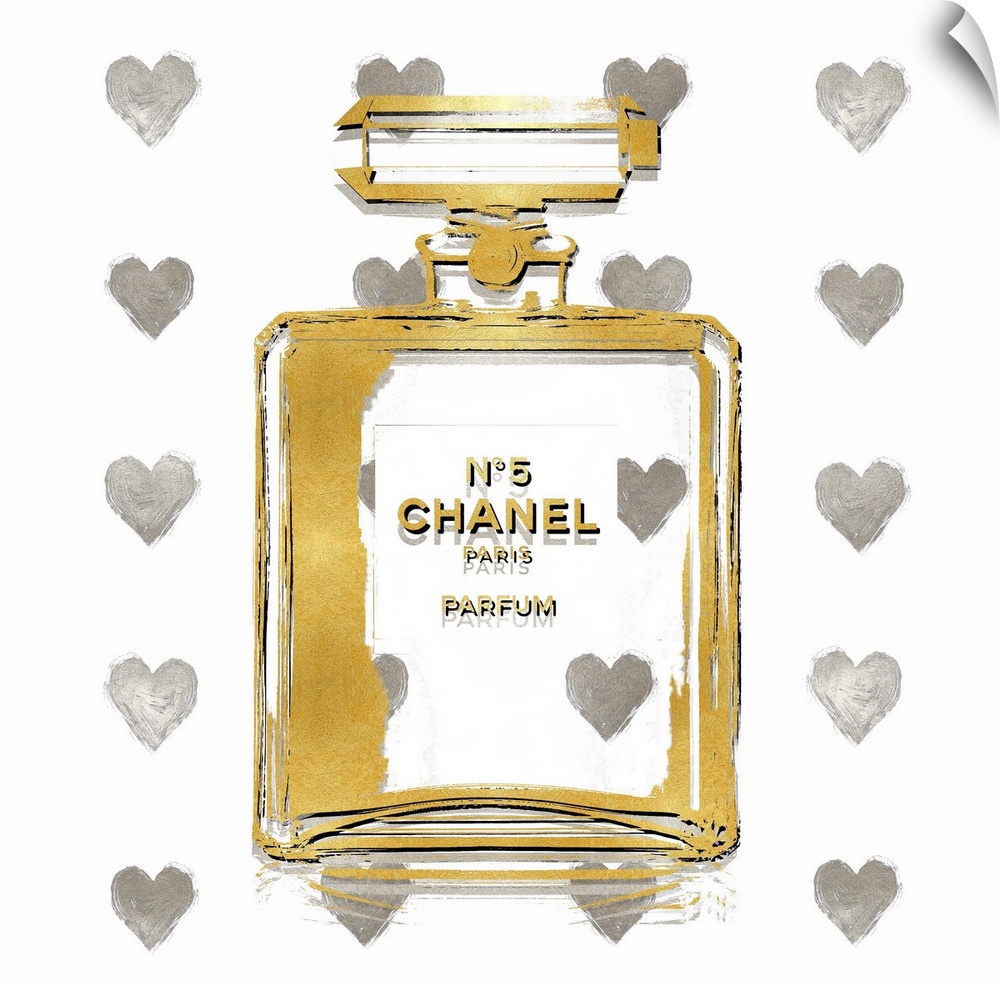 A white background with hearts peek through a transparent bottle of perfume.