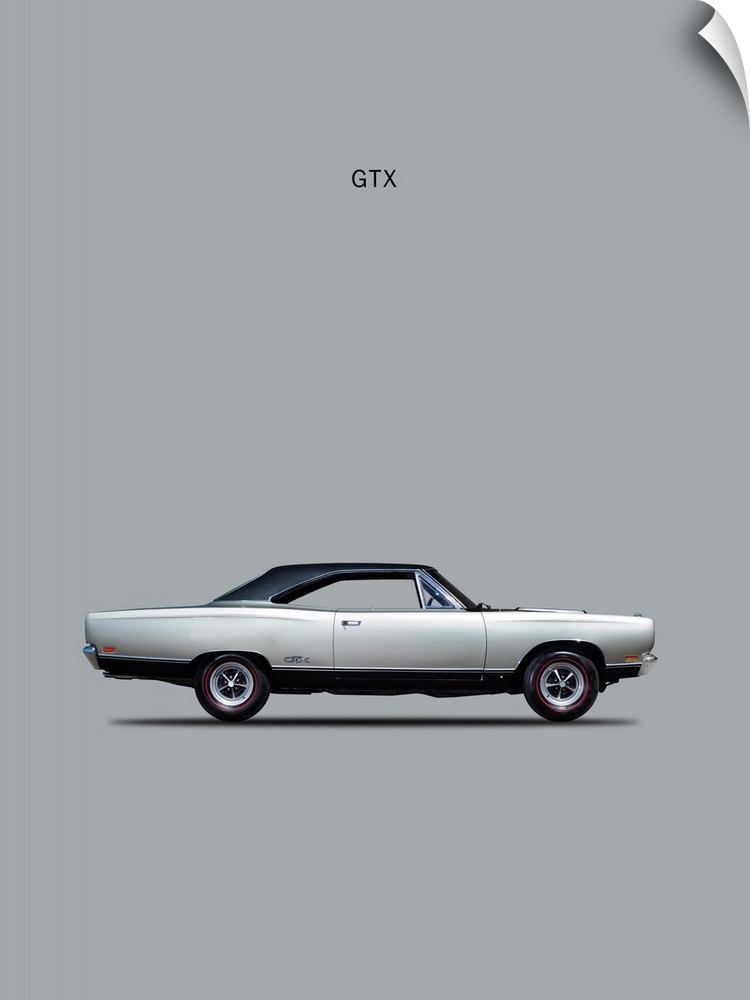 Photograph of a silver Plymouth GTX Coupe 1969 printed on a silver background