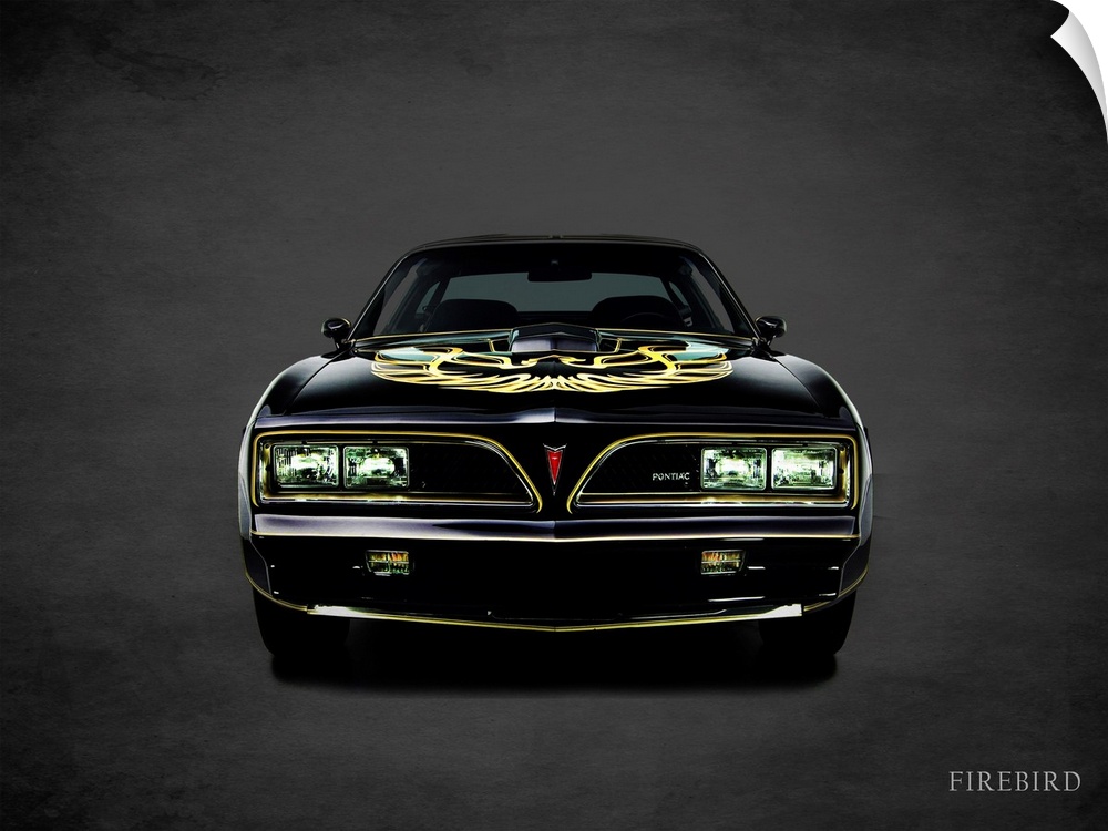 Photograph of a black with yellow trim 1978 Pontiac FireBird TransAm printed on a black background with a dark vignette.