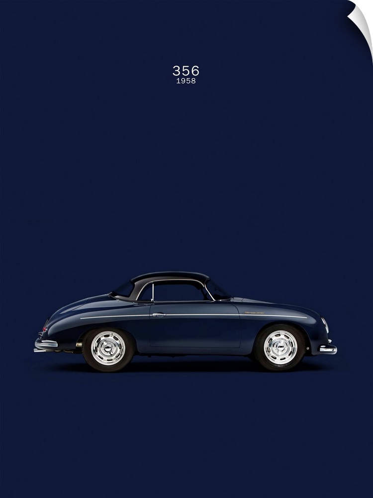 Photograph of a navy blue Porsche 356 1958 Blue printed on a navy blue background