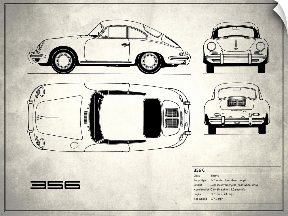 Antique style blueprint diagram of a Porsche 356C printed on a weathered white and gray background.