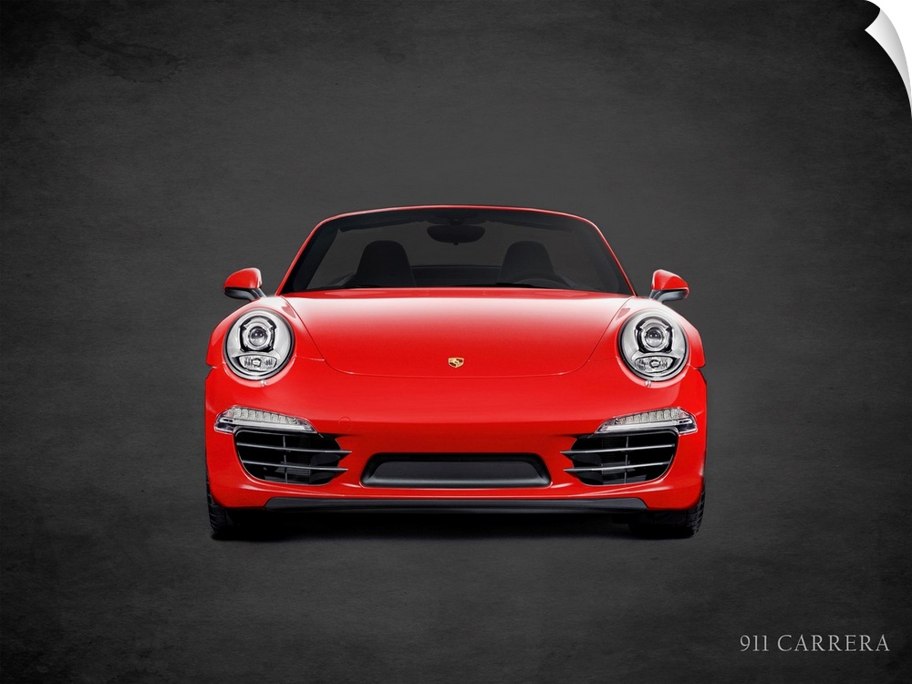 Photograph of a red Porsche 911 Carrera printed on a black background with a dark vignette.