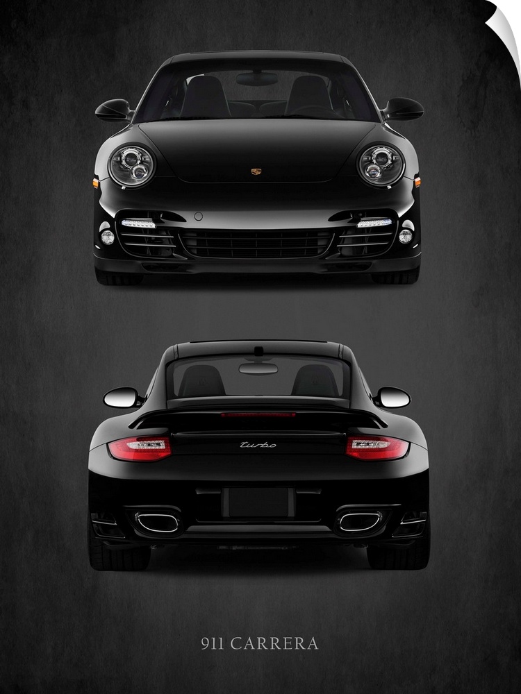 Photograph of the front and back view of a black Porsche 911 Carrera Turbo printed on a black background with a dark vigne...