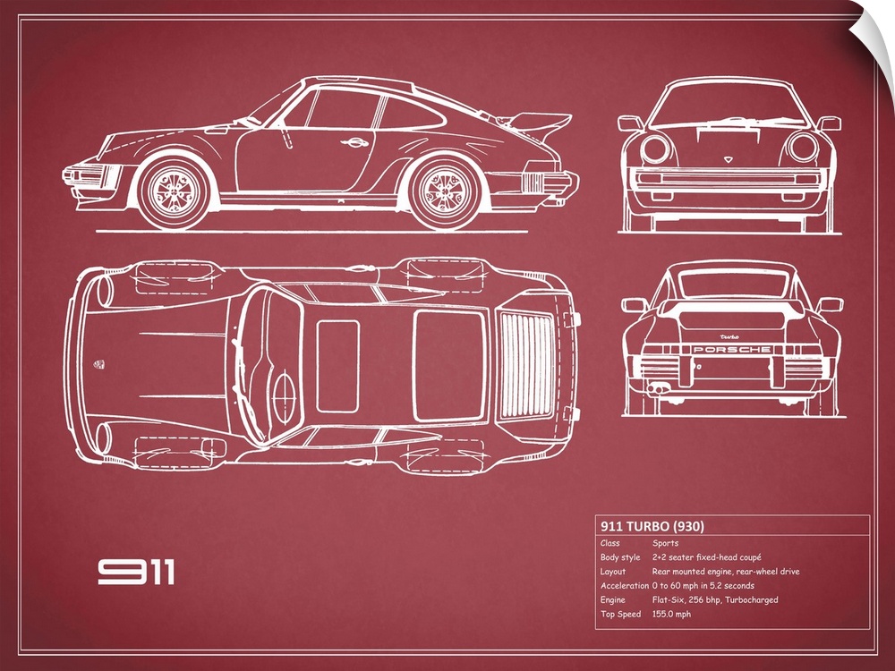 Antique style blueprint diagram of a Porsche 911 Turbo 1977 printed on a red background