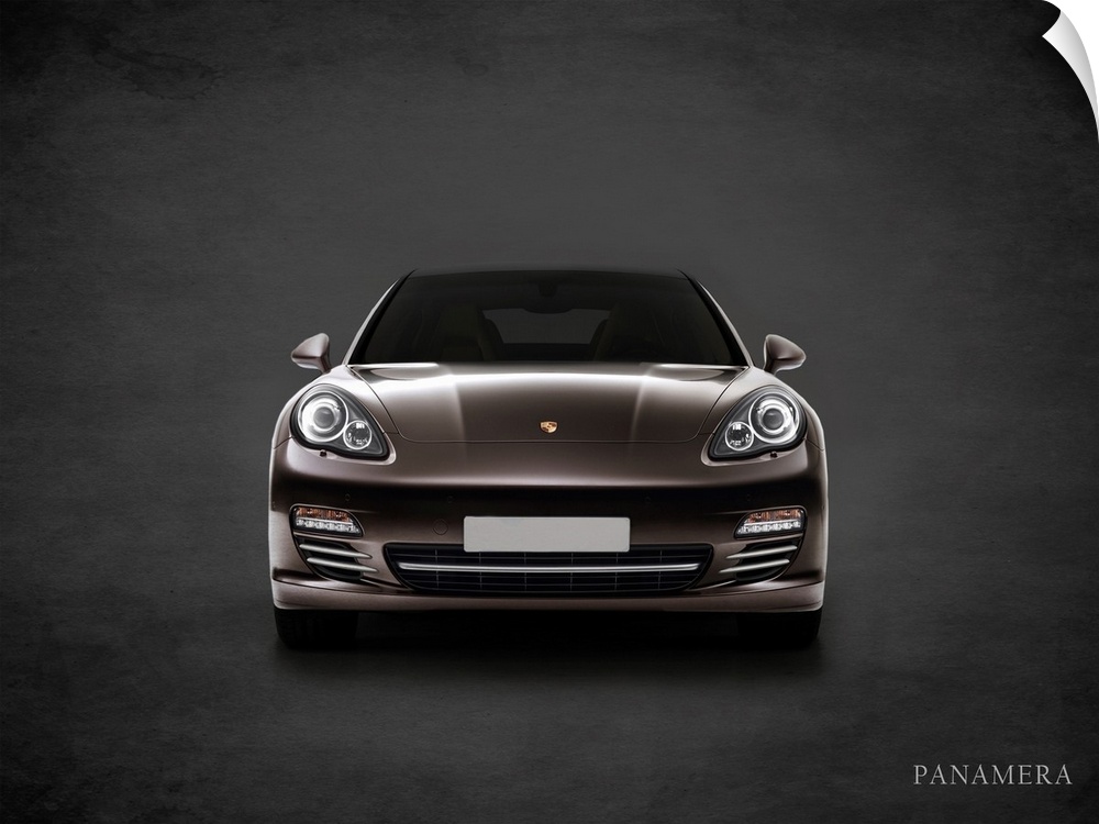 Photograph of a Porsche Panamera printed on a black background with a dark vignette.