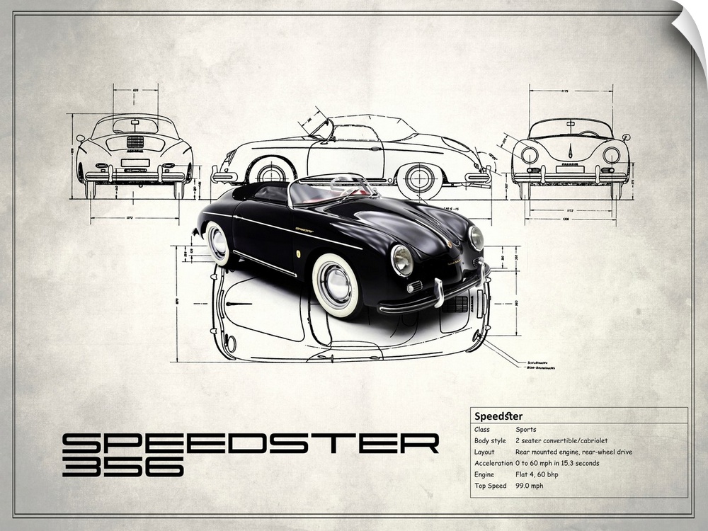 Diagram of a black Porsche Speedster 1959 printed on a white background