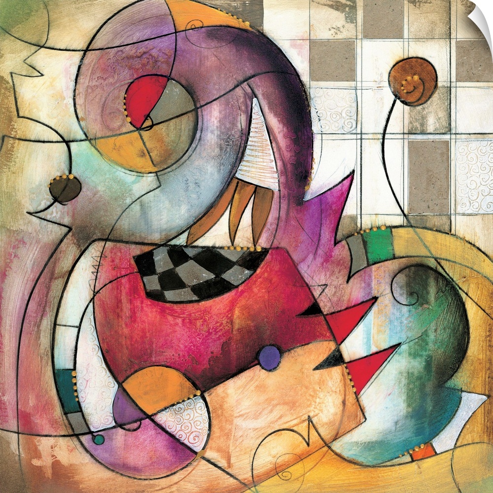 Primo II by Eric Waugh.  A colorful square abstract painting of striking shapes against a checkered background.