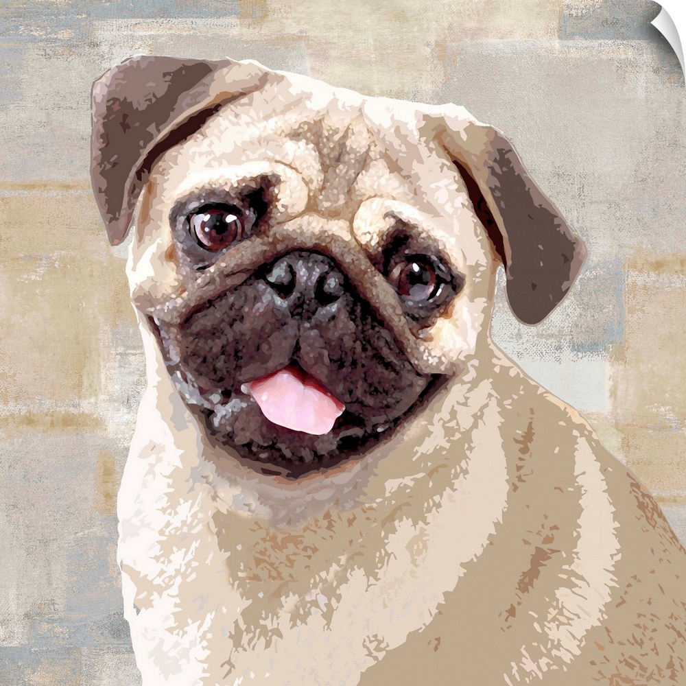 Square decor with a portrait of a Pug on a layered gray, blue, and tan background.