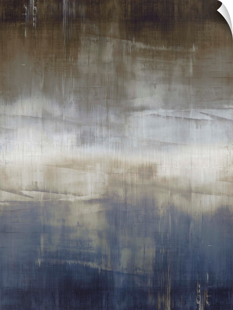Abstract artwork of vertical brush strokes in blue, white and brown with visible horizontal lines throughout.
