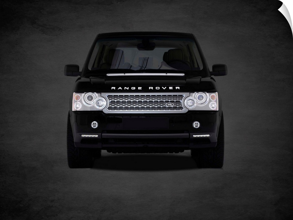 Photograph of a black Range Rover printed on a black background with a dark vignette.
