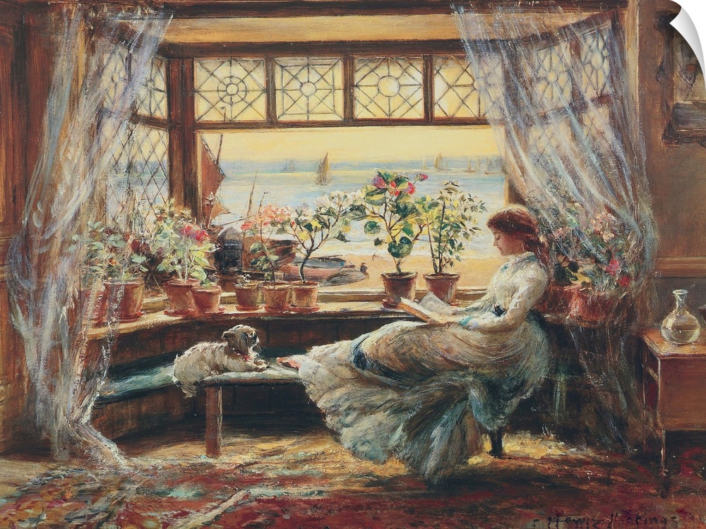 Classic painting of a woman reading at a bay window with her dog.
