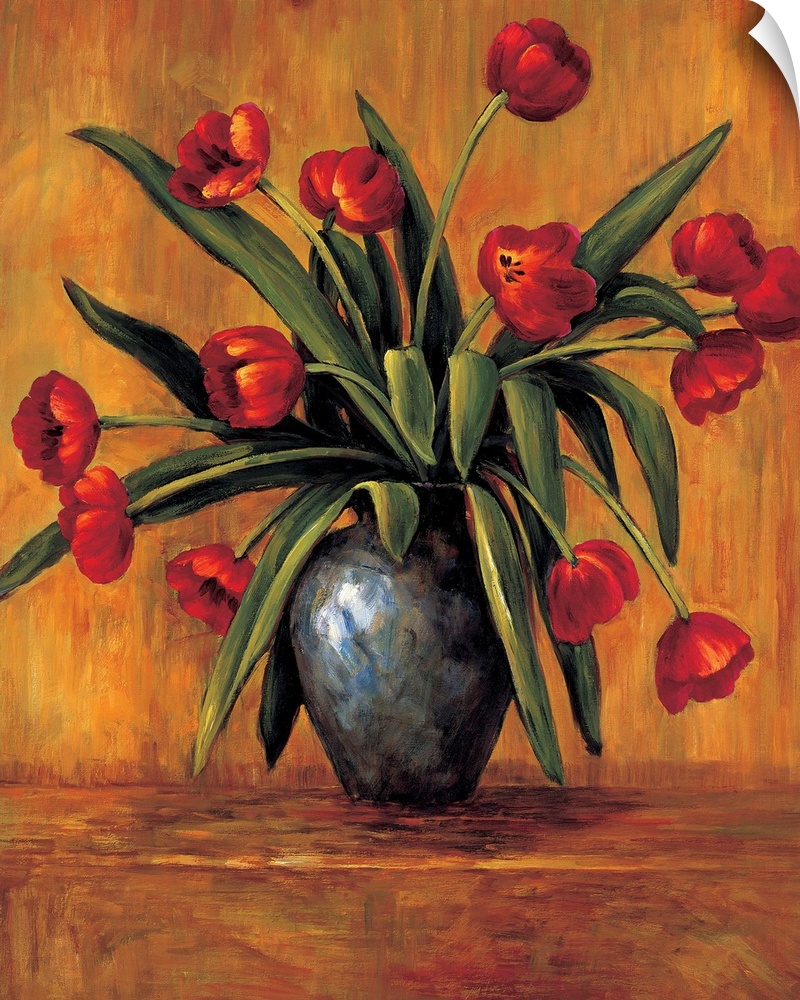 Contemporary painting of red tulips in a vase with an orange, red, and brown background.