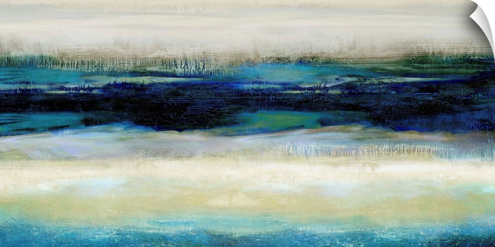 Contemporary abstract painting with shades of blue and green running horizontally across the canvas.