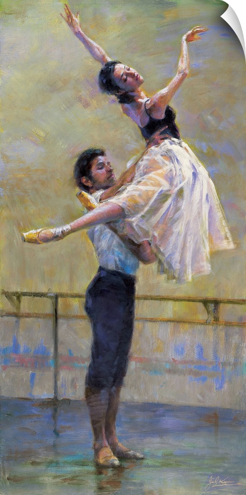Contemporary painting of two dancers practicing in the ballet room.