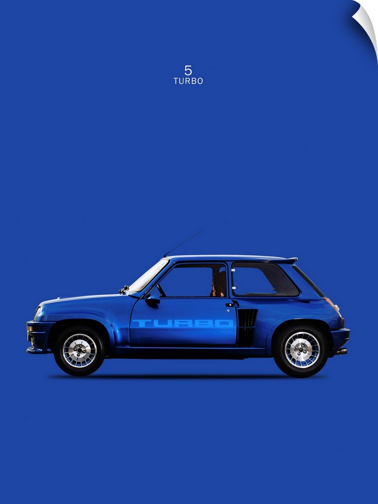 Photograph of a blue Renault 5 Turbo 1983 printed on a blue background