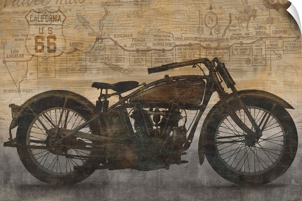 Vintage decor with an illustration of a motorcycle and a California US 66 map in the background.
