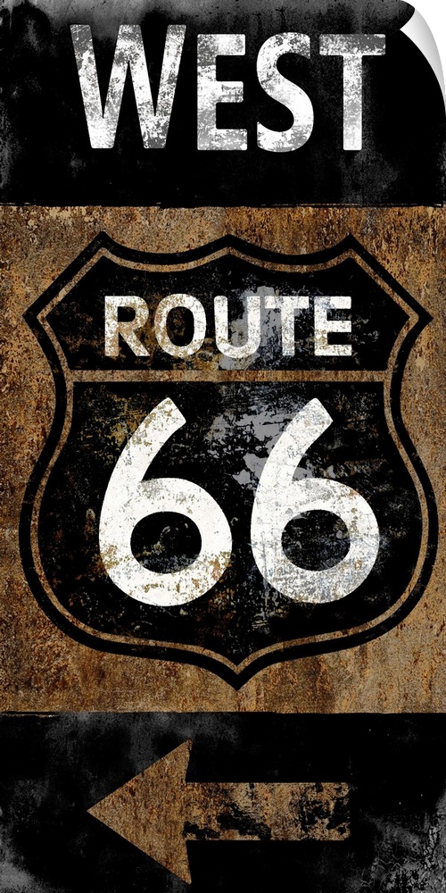 West Route 66 vintage sign in black, white, and copper.