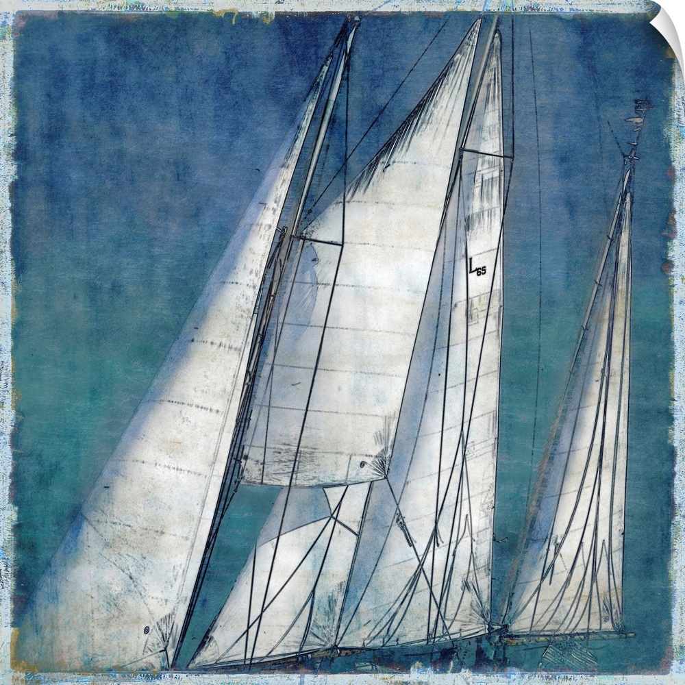 Square decor with sailboat sails in shades of blue and white.