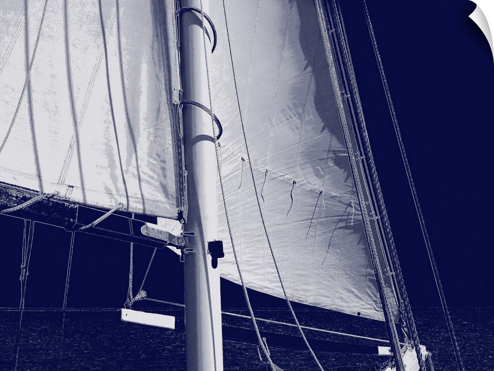 Indigo and white illustration of a sail from a sailboat.