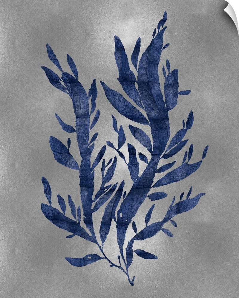 Indigo silhouette of seaweed on a silver background.