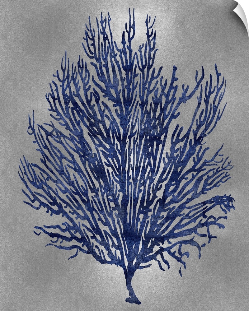 Indigo silhouette of coral on a silver background.