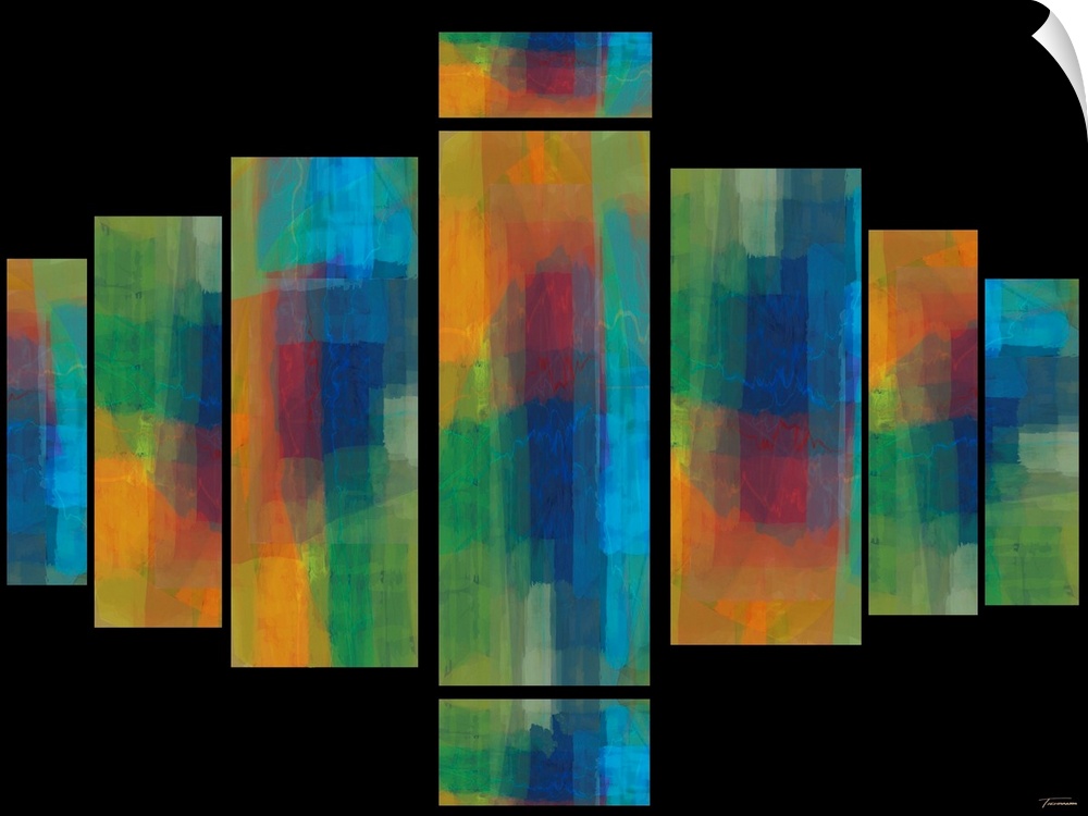 Abstract artwork with colorful stained glass window like designs on a black background.