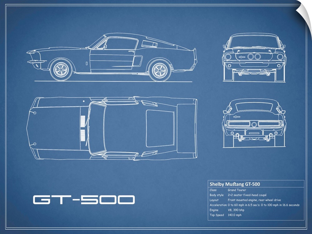 Antique style blueprint diagram of a Shelby Mustang GT500 printed on a Blue background