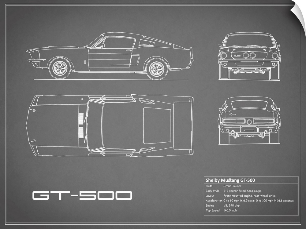 Antique style blueprint diagram of a Shelby Mustang GT500 printed on a Grey background