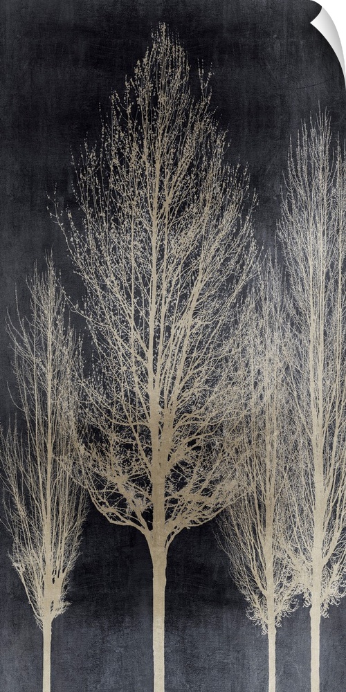 Decorative artwork featuring an aged silver silhouette of leafless trees over a distressed background.