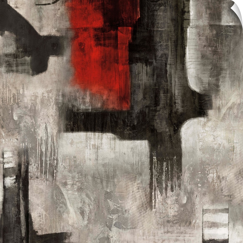 Square abstract painting with bold black and red brushstrokes on top of a white and gray background.