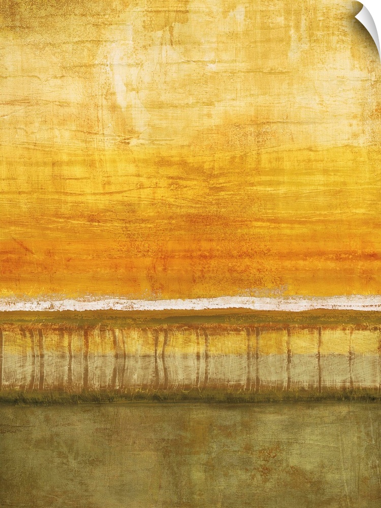 Abstract painting with a white horizon line and a yellow and orange sky with olive green below.