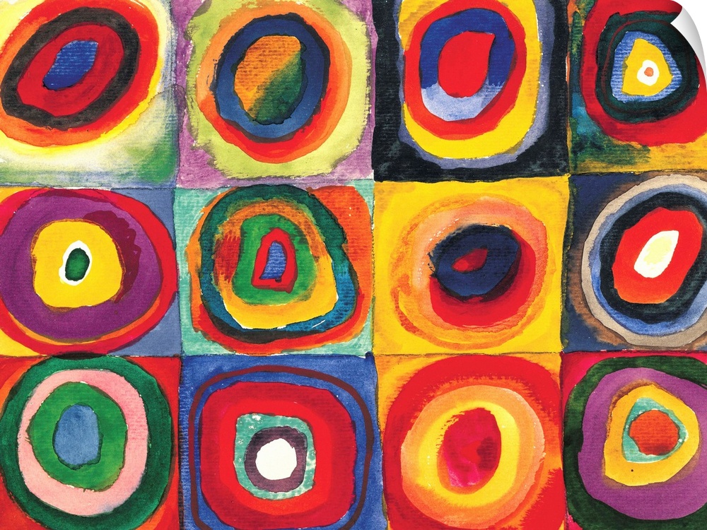 A Contemporary painting of colorful rings of circles within squares.