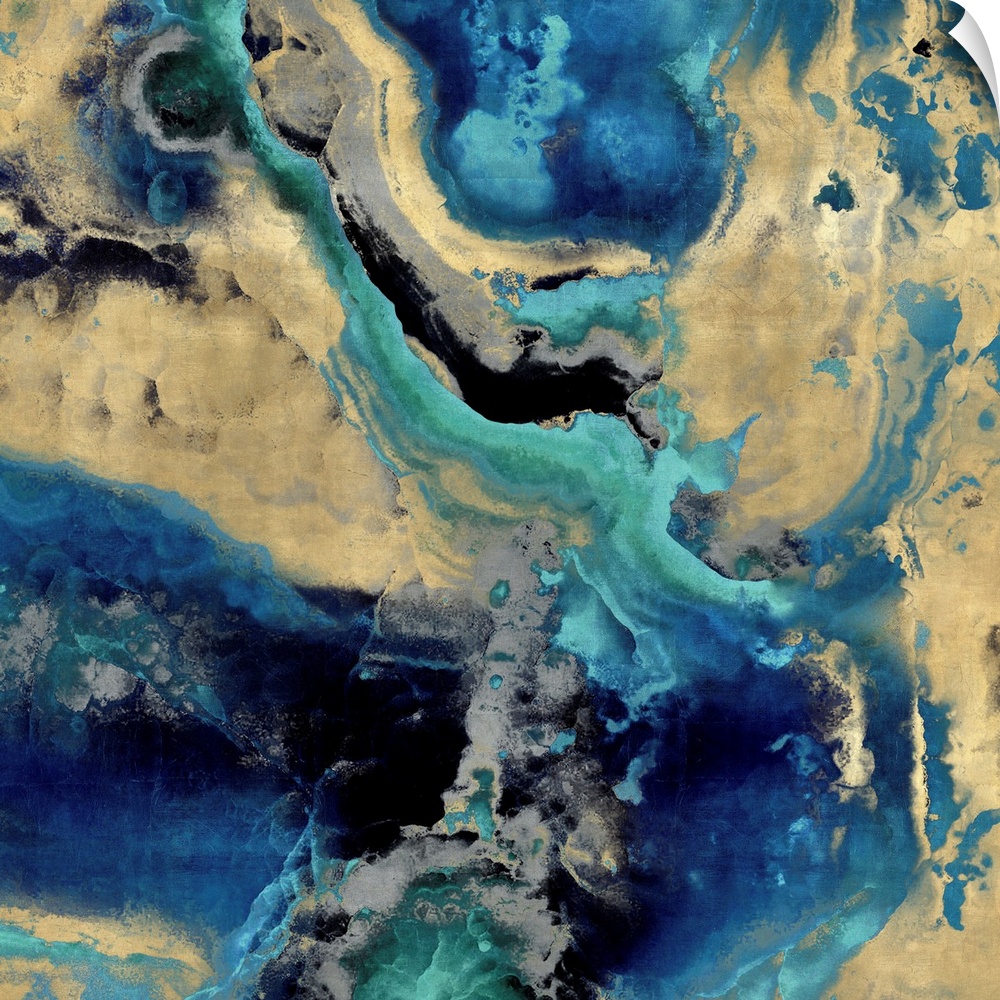 Contemporary artwork featuring a deluge of blues and gold colors that have been edited to a marble effect.