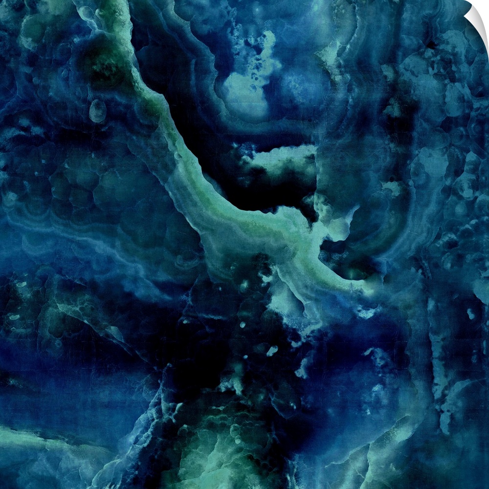 Contemporary artwork featuring a deluge of blues and green colors that have been edited to a marble effect.