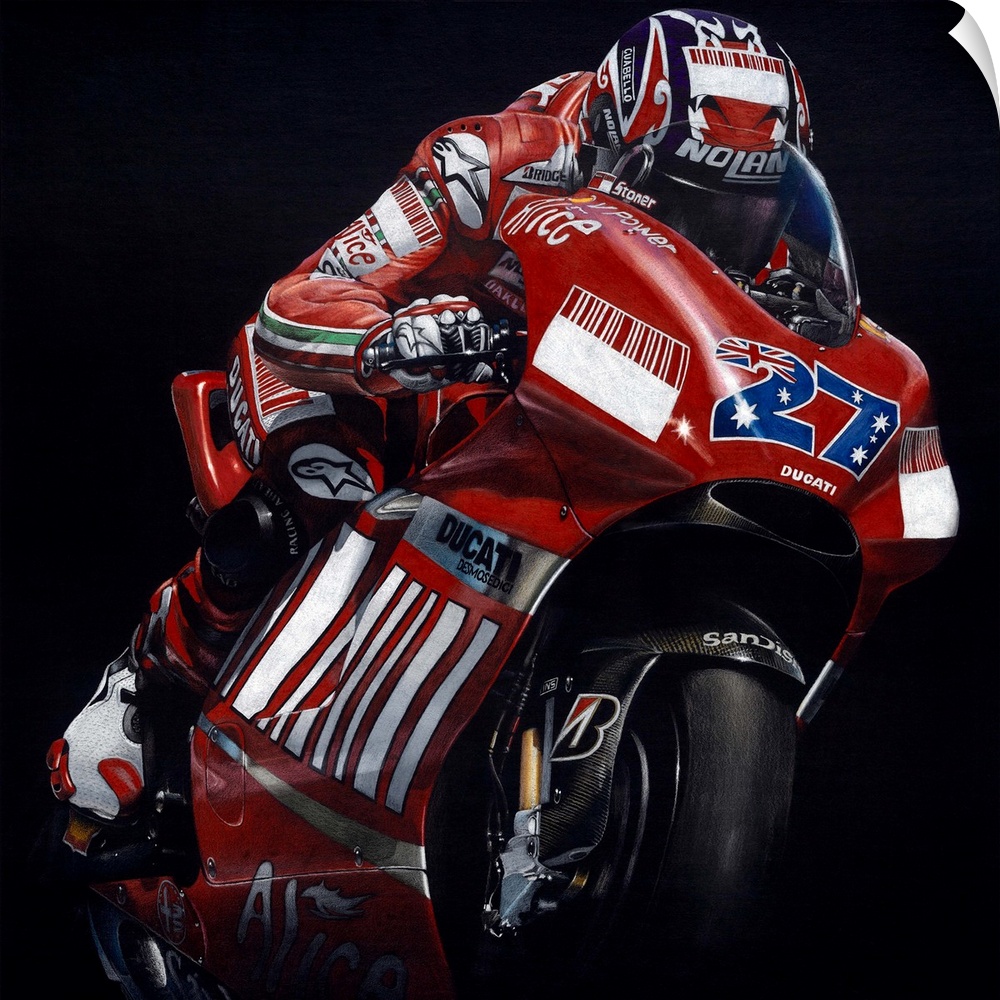 Square illustration of a red, white, and blue Ducati racing bike in action, on a black background.