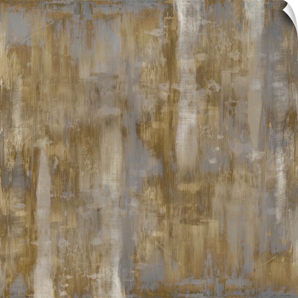 Square abstract painting with shades of metallic gold and silver streaking down the canvas.